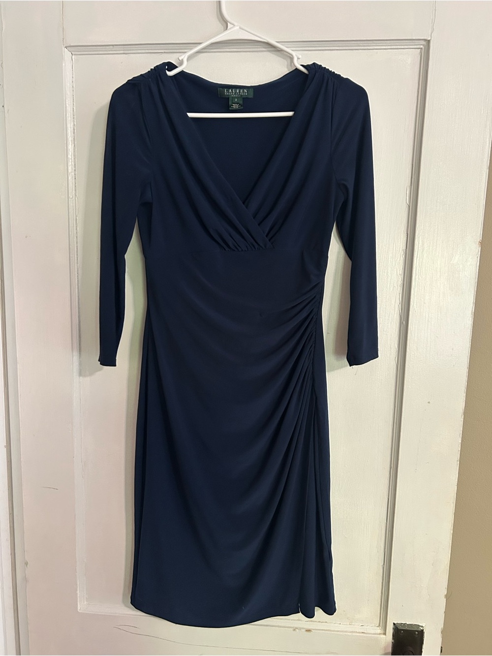 Ralph Lauren Navy Faux-Wrap Long Sleeve Ruched Dress